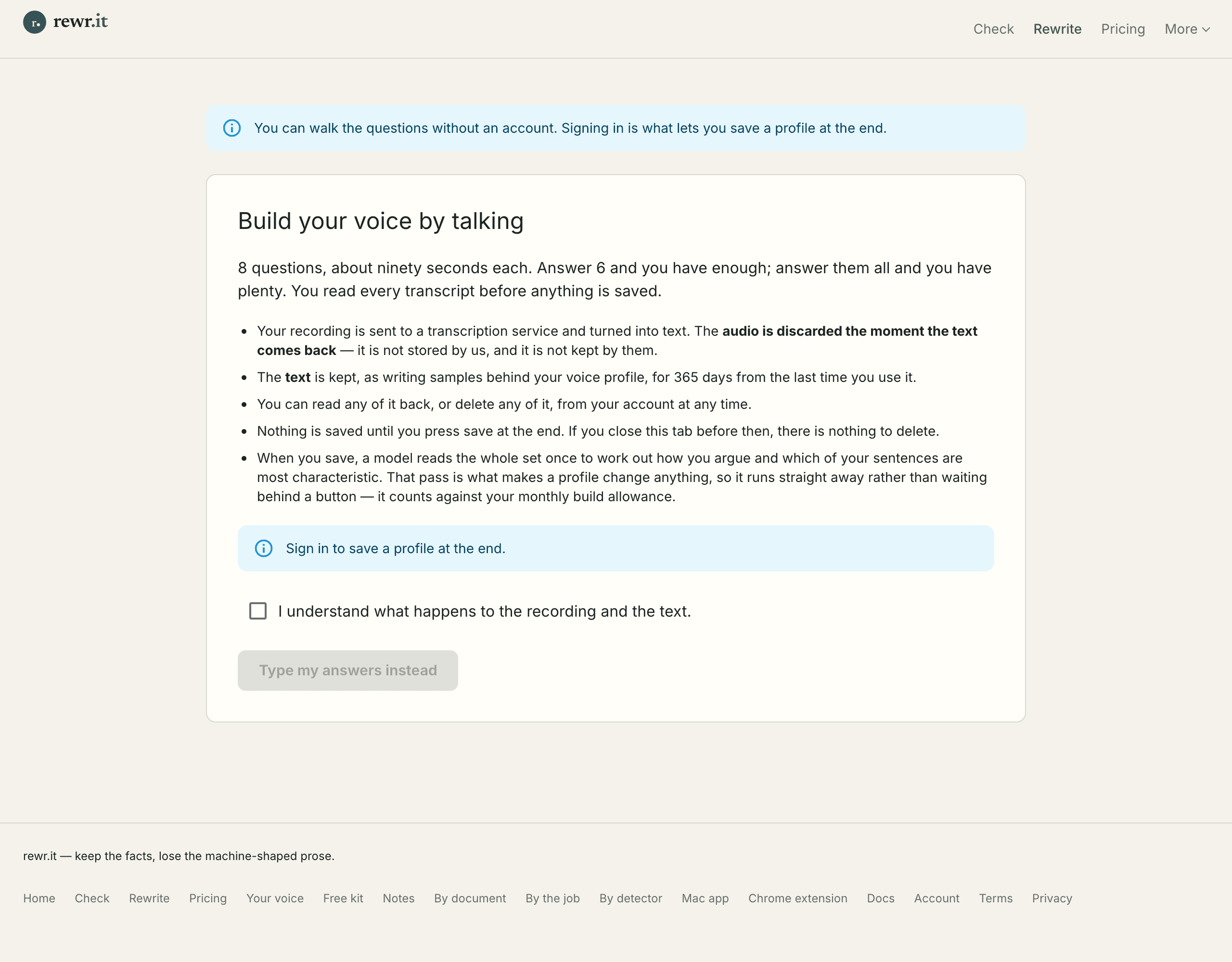 The rewr.it voice interview consent screen, headed Build your voice by talking, listing what happens to the recording and the text before anything is saved.