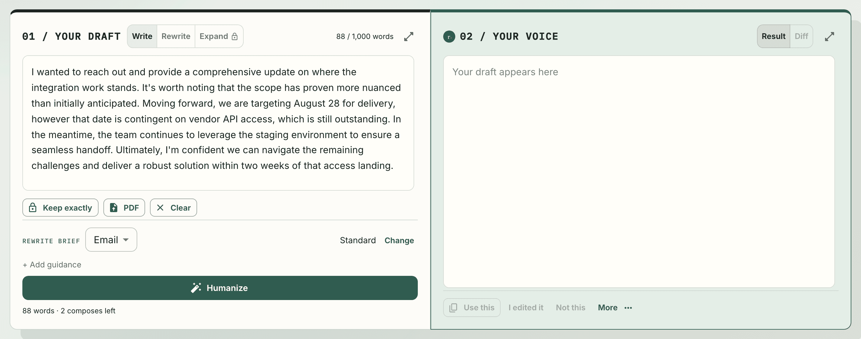 The rewr.it rewrite surface, showing the draft pane on the left and the result pane on the right.